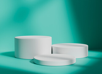 White cylinder podium with Light Sea Green background for product display with shadows and light