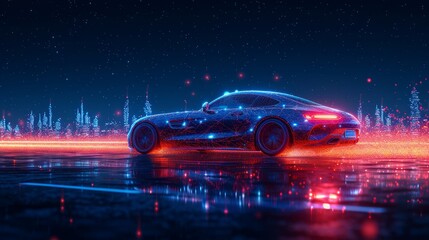 An abstract wire low-poly car illustration on a nighttime cityscape with stars and headlights. Transportation, fast driving, vehicle road travel concept.