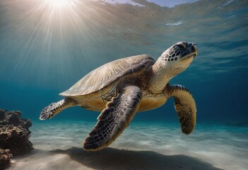 A magnificent giant golden sea turtle spreads its paws and swims in the blue depths of the sea