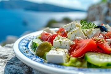 Fresh Greek Salad with Feta Cheese, Mediterranean Cuisine Concept