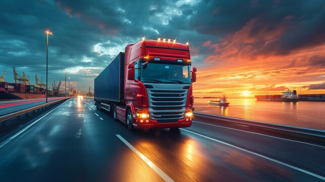 Various logistics import export background and transport industry of containers, freight ships, cargo planes, trucks transporting containers on the road to ports