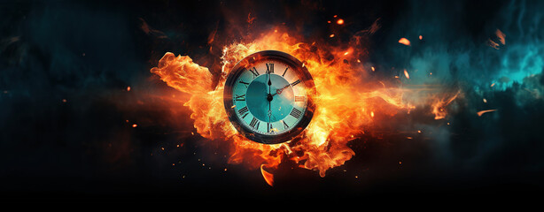 Obraz na płótnie Canvas Clock on fire, hands distorted as time burns away aesthetic cover photo