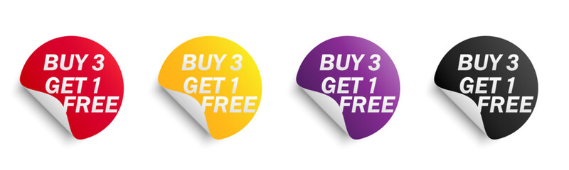 Buy Three Get One Free sale tags, Promotion discount isolated on white background, Discount speech bubble tag, Banner design template for advertising. Special offer, retail. Vector and Illustration.
