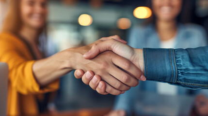 close-up of two individuals shaking hands, with a blurred background