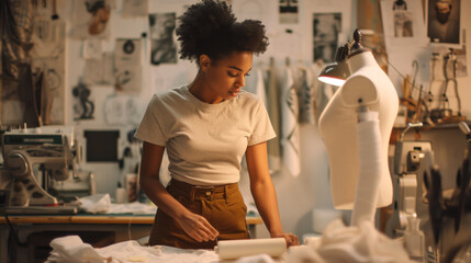 Fototapeta premium young woman is adjusting a garment on a mannequin in a well-organized fashion design studio