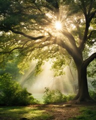 sunlight shines through the trees