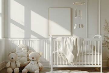 Cozy Nursery Room Interior with Crib and Blanket Showcasing Empty Canvas, Home Decor & Canvas Mockup Concept