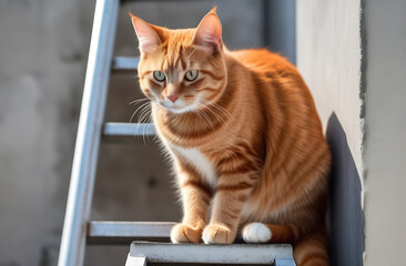 a red cat lies on a construction metal stepladder in a bright room, repairs are underway, background, there are concrete walls around