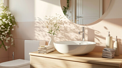 Bright bathroom with white sink on a wooden countertop, monochrome beige pink colors, daytime. Interior design