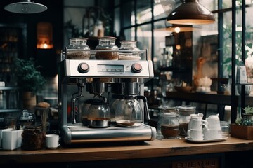 Coffee cup and maker on cafe counter, lively conversation and enjoyment atmosphere