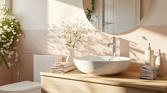 Bright bathroom with white sink on a wooden countertop, monochrome beige pink colors, daytime. Interior design