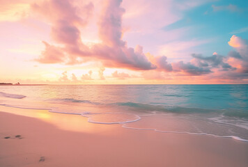 Fototapeta premium Panoramic Beach Landscape: Close-up Sea Sand, Tropical Sunset Sky, Calmness, Relaxation