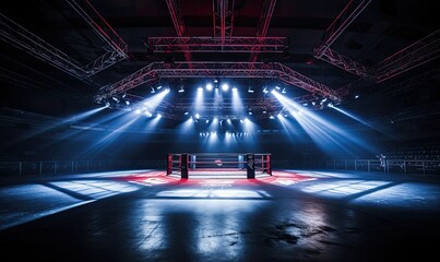 Illuminated Boxing Ring With Blue and Red Lights