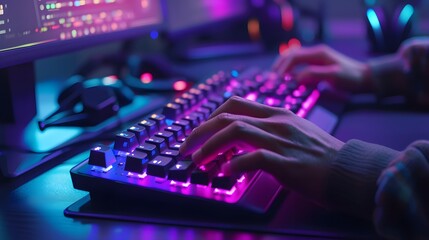 Professional Gamer Engrossed in an Intense Gaming Session with a Backlit Mechanical Keyboard