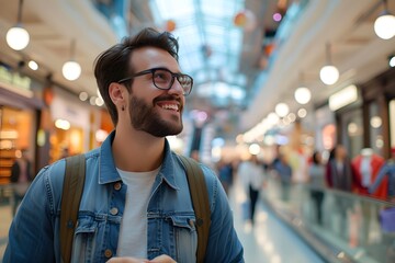 Fototapeta premium Confident Young Man with a Backpack Smiling in a Busy Shopping Center