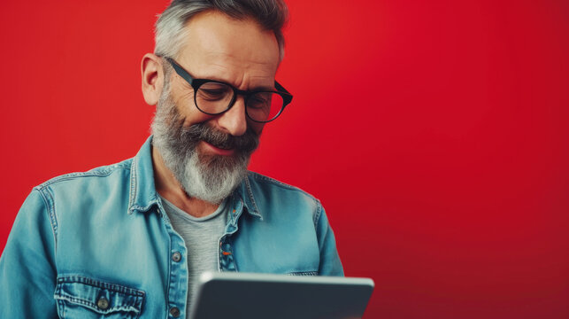 smiling older man with a beard and glasses is looking down at a tablet he is holding, with a vibrant red background