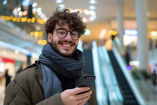 Young Man Smiling While Using Smartphone in a Brightly Lit Shopping Mall