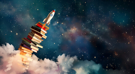 Naklejka premium Rocket Soars from Book