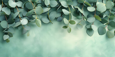 Green eucalyptus leaves over a mint green background, perfect for wedding or mother's day background. - obrazy, fototapety, plakaty