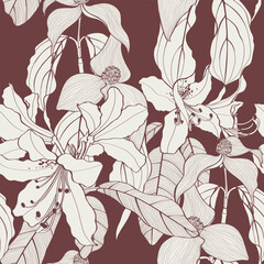 Cotton fabric Exotic flower azalea, dog wood flower illustration. Beige, brown seamless pattern.