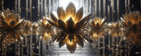 there are many golden flowers that are in the water