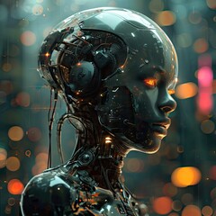 Neural Network as Woman Head, Future Predict, Futuristic Cyber Human, Cyborg Machine Portrait