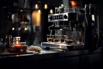 A coffee cup and coffee maker on the cafÃ© counter, surrounded by the atmosphere of lively conversation and enjoyment.