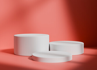 White cylinder podium with red background for product display with shadows and light