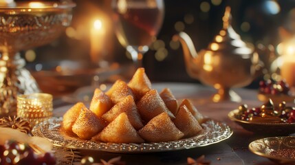 Christmas and New Year background. Festive table setting with cookies in the shape of a Christmas tree.