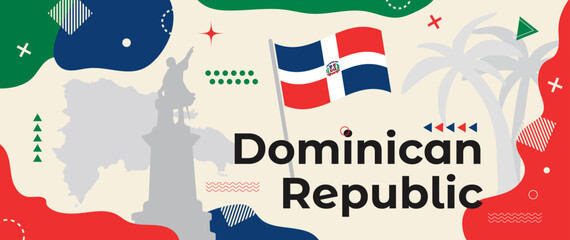 Dominican Republic Day banner with national flag and country map, statue of Christopher Columbus and palm trees silhouettes. Abstract geometric holiday design with minimalist shapes and elements