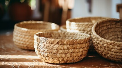 A Group of Woven Baskets on a Table - obrazy, fototapety, plakaty