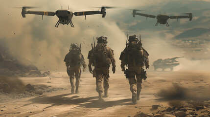 Fototapeta na wymiar Advanced military squad moving through a desert under drone surveillance. Suitable for game artwork or military strategy content.