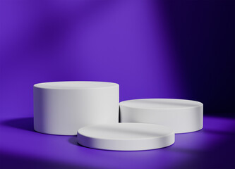 White cylinder podium with purple background for product display with shadows and light