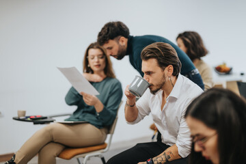 Focused people in a casual business meeting environment with documents.