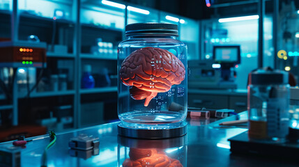 AI's Brain in a Jar Amidst a Laboratory Environment with Dynamic Holographic Data Visualization. - Powered by Adobe