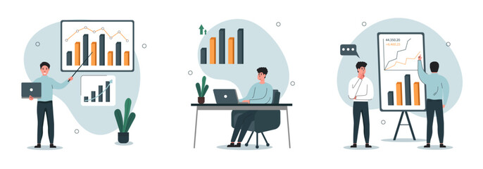  Business people illustration set. Work in the office and work from home. Characters work in a team, communicate with each other. Сoncept of working in the office and at home . Vector illustration.