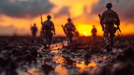 Silhouetted soldiers marching at sunset, ideal for military memorial websites and veteran tribute posts - obrazy, fototapety, plakaty