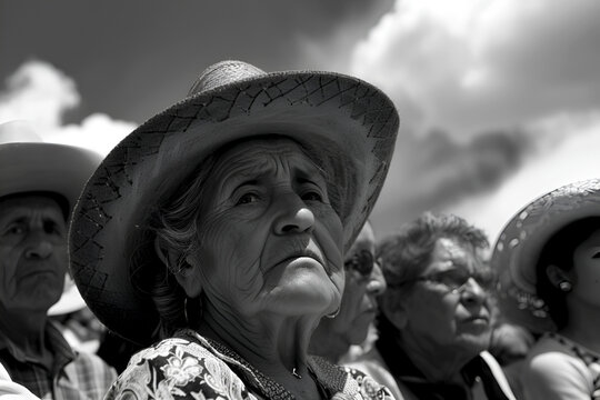 Senior Mexican woman with traditional sombrero, Cinqo de Mayo concept. Mexicam mamacita in black and white. Monochrome portrait of an old woman in Mexico, Expressive aged lady with a hat