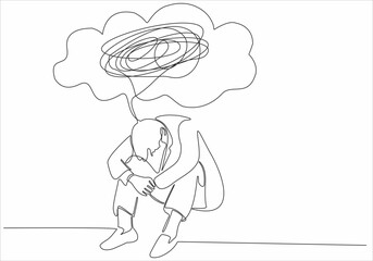 Continuous line drawing of man feeling sad, tired and worried suffering from depression in mental health. Troubles, failure and broken heart concept isolated on white background. Vector