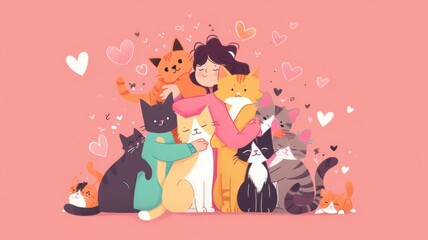 Animated characters engaging in a group hug with their feline friends, surrounded by hearts and 'National Hug Your Cat Day