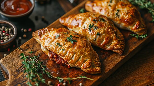 empanada pies stuffed with meat and vegetables. Fried dough dish close-up. The food is cooked in oil and served on a platter with red sauce. Concept: high-calorie food