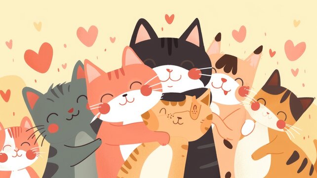 Animated characters engaging in a group hug with their feline friends, surrounded by hearts and 'National Hug Your Cat Day