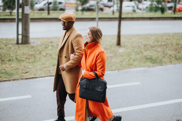 Multiracial business couple walking together outdoors, stylish work attire.