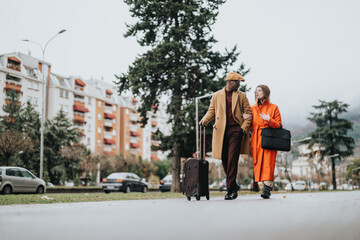 Elegant multiracial business couple in stylish outfits walking together with suitcases on an overcast day, engaged in conversation.