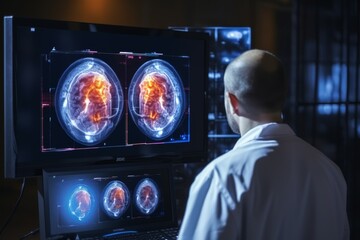Medical scientist analyzing ct brain scan images in neurological research center