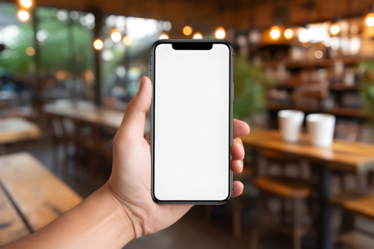 Mockup of male hand holding smartphone with white empty screen in the background of cafe.smartphone blank screen for text, mobile app design and advertising, 
online marketing, isolated on transparent