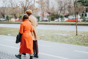 An elegant multiracial business couple engages in conversation while strolling together on an overcast day, showcasing both professional and casual dynamics.