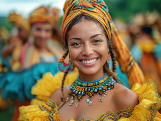 Dominican republic women smilling in a festival photo - obrazy, fototapety, plakaty