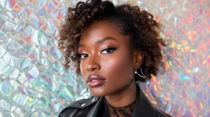 A young African American woman with a leather jacket, shimmer background	 - obrazy, fototapety, plakaty