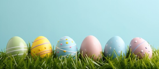 Six pastel Easter eggs in grass with space for text.